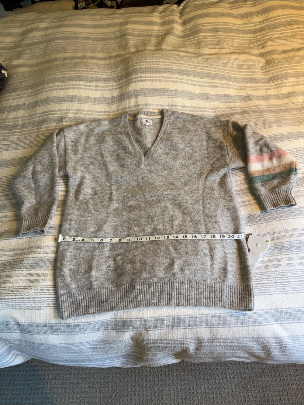 Sundry Light Grey Fuzzy V-Neck Sweater with Pastel Sleeve Stripes - size 1